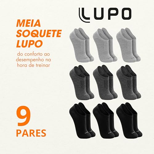 LUPO Kit 9 Pares Meia Soquete Sapatilha Invisível Esportiva Algodão Unissex Adulto, 3 Chumbo - 3 Cinza - 3 Preta, 41-44
